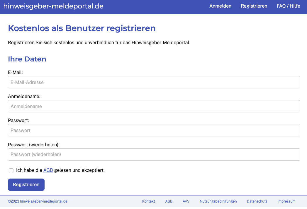 Screenshot des Registrierungsbildschirms